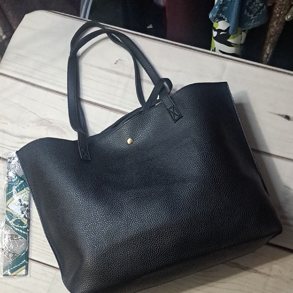 Faux Leather Black Tote Bag With Twilly